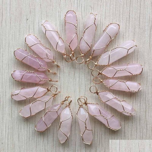 Encantos fio de ouro envolto rosa quartzo hexágono pingente pingente cura rosa cristal pedra pendurado moda jóias fazendo atacado dro dhd8m