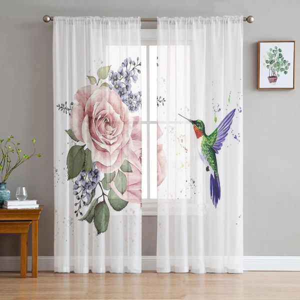 Cortinas beija-flor rosa flor branca tule para sala de estar decoração de quarto transparente chiffon pura voile cortina de janela