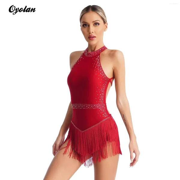 Bühnenkleidung Damen Glänzende Strasssteine Quaste Ballett Trikot Kostüm Für Eiskunstlauf Neckholder Fransen Bodysuit Ballsaal Latein Tango Kleid