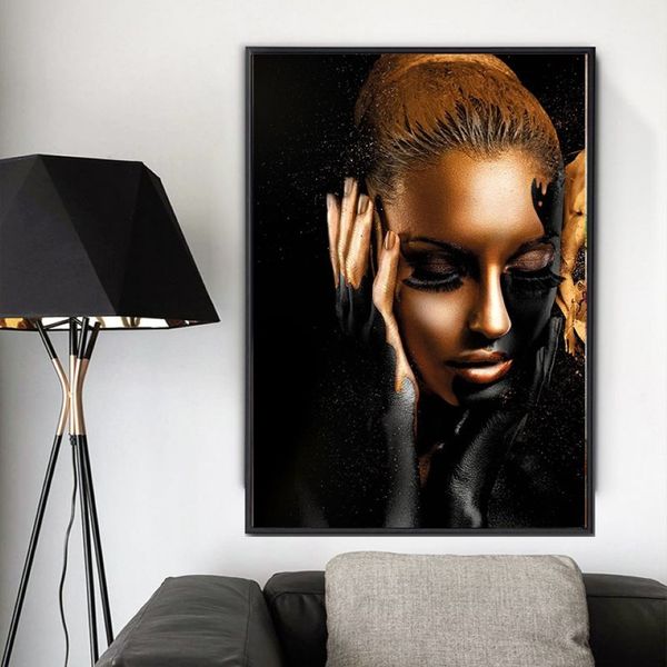 Черные художественные девушки, золотые картины на холсте для гостиной, современные художественные принты, рисунки, постеры и принты без рамы177W