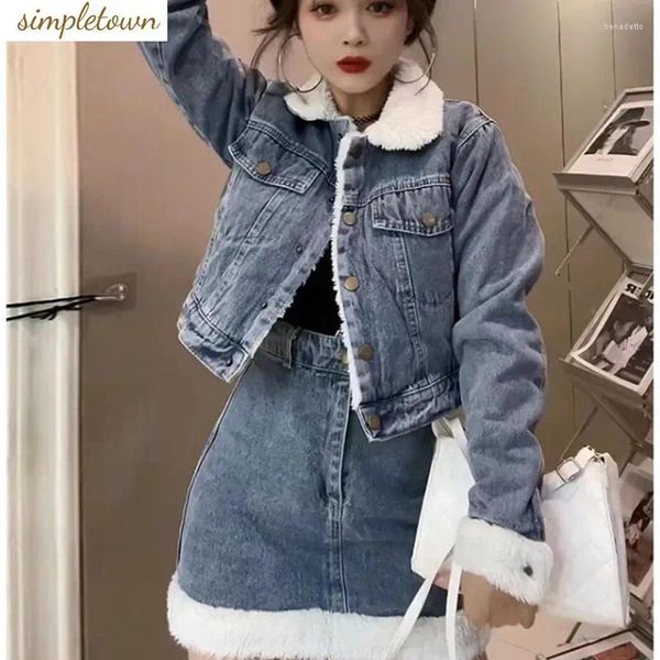 Vestidos de trabalho estilo menina picante chique saia jeans conjunto feminino 2024 outono/inverno casaco de lã de cordeiro cintura alta meia duas peças