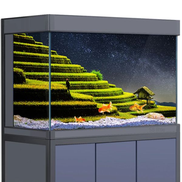 Decorações adesivo de fundo de aquário, terraços de arroz, campos agrícolas, natureza, hd, pôster 3d, decoração para tanques de peixes de 560 galões