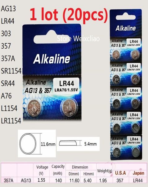 20 peças 1 lote AG13 LR44 303 357 357A SR1154 SR44 A76 L1154 LR1154 155V bateria alcalina de célula tipo botão, baterias tipo moeda 9278068