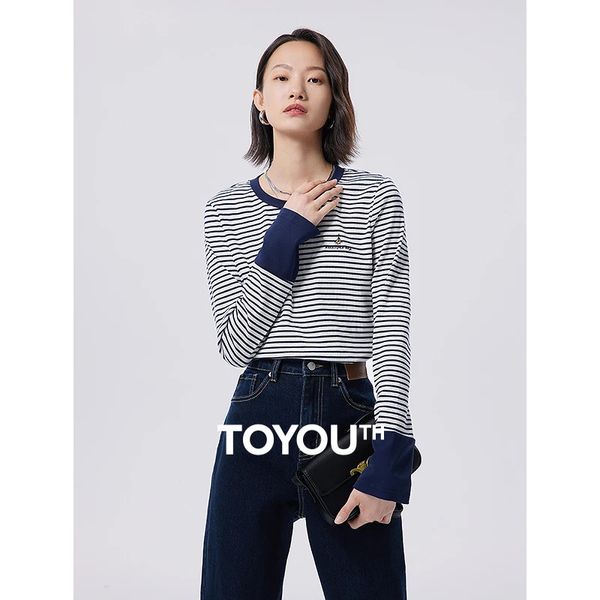 Toyouth T-shirt a righe da donna Autunno manica lunga girocollo T-shirt slim elasticizzata Navy White Stripe Ricamo Top casual240313