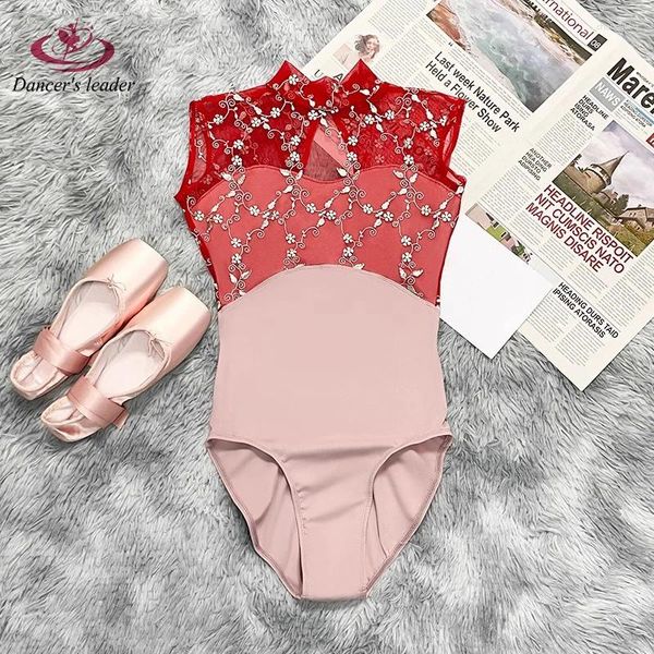 Abbigliamento da palcoscenico Costume da balletto Body per donna Senza maniche Maglia ricamata Ginnastica Abiti attillati Performance Yoga aereo per adulti