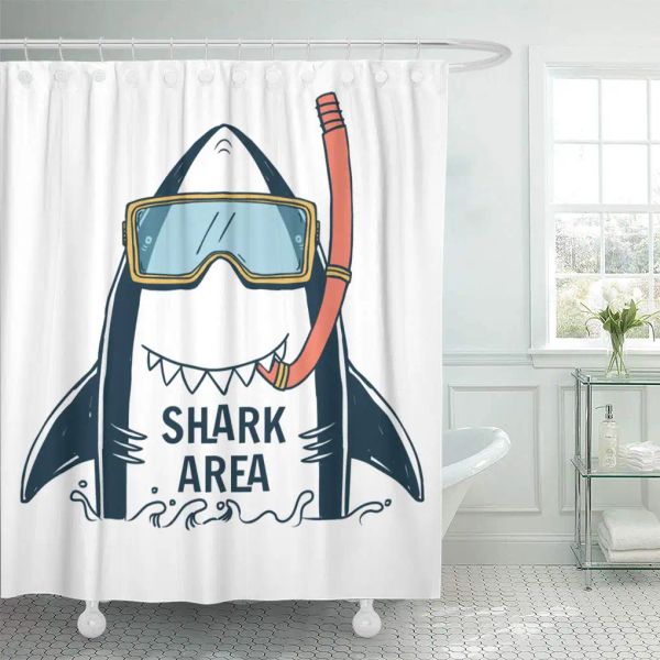 Cortinas conjunto de cortina de chuveiro com ganchos tecido de poliéster azul gráfico tubarão tipo e verão menino criança camiseta fofa à prova d'água para decoração de banheiro