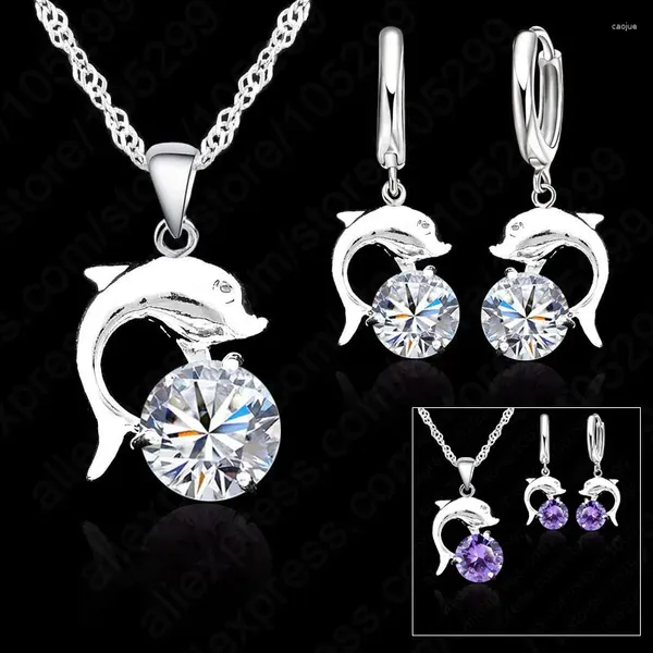 Set di orecchini per collana Set di orecchini a leva posteriori adorabili e carini Set di gioielli in cristallo di pietra CZ bianco viola in argento sterling 925