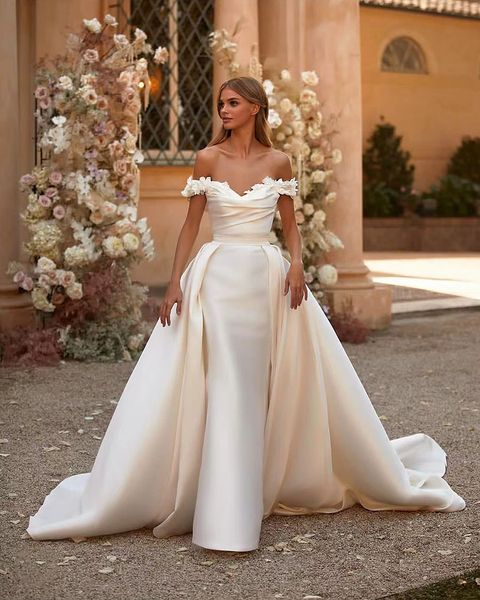 Blumen Meerjungfrau und Hochzeitskleid von Schulter Satin abnehmbarer Zug Prinzessin Braut Kleid Vestido de Novia