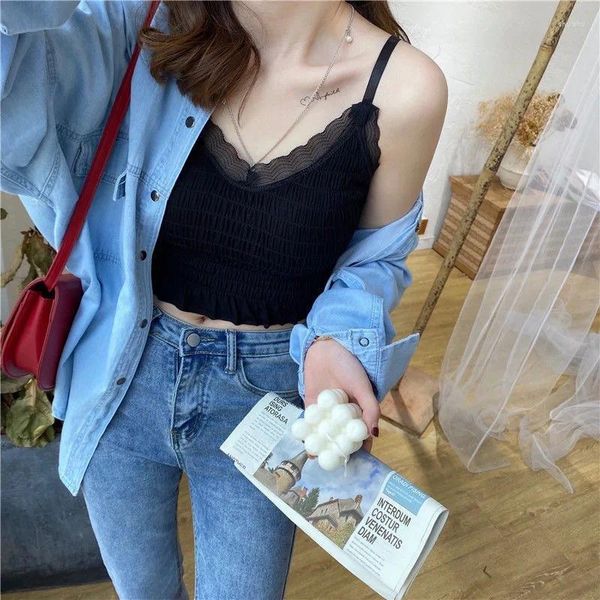 Canottiere da donna Nero Corea Giappone Lady Donna Ragazza Moda Denim Sling Top Canotta Bellezza Reggiseno in pizzo Canotta Top Collant Senza maniche Slim Estate