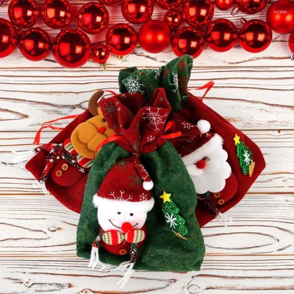 Noel Dekorasyonları Kolye Tatil Şeker Çantası Depolama Güvenli Drawstring Kapatma Festival Sevimli Karikatür Geyik ve Kardan Adam Uygun