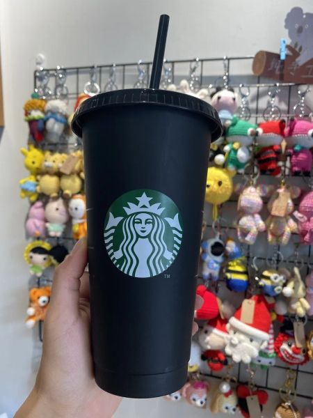 Starbucks Bicchiere in plastica Riutilizzabile Nero Bere Fondo piatto Tazza con coperchio a forma di pilastro Tazza con cannuccia 30 pezzi ZZ