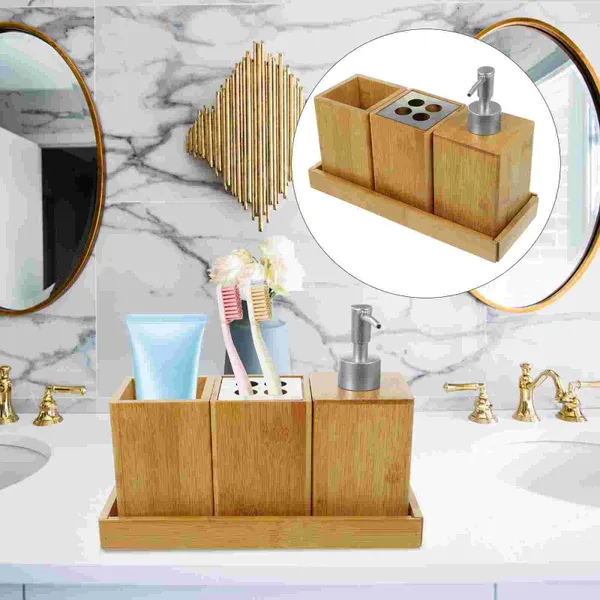 Conjunto acessório de banho de bambu recarregável shampoo garrafas acessórios de viagem três peças terno dispensador recipiente e condicionador escova de dentes