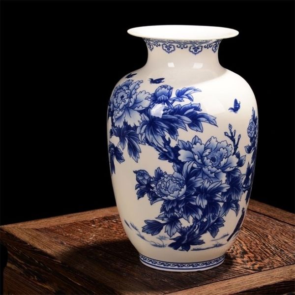 Blaue und weiße Porzellanvasen aus Jingdezhen, Vase aus feinem Knochenporzellan, mit Pfingstrosen verziert, hochwertige Keramikvase LJ201208242S