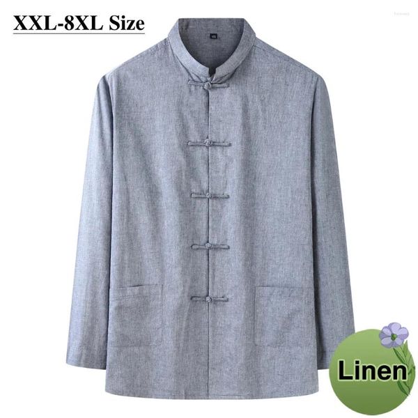 Camicie casual da uomo Camicia cinese in cotone e lino Tang Suit Plus Size 6XL 7XL 8XL Tinta unita manica lunga allentata Marca maschile