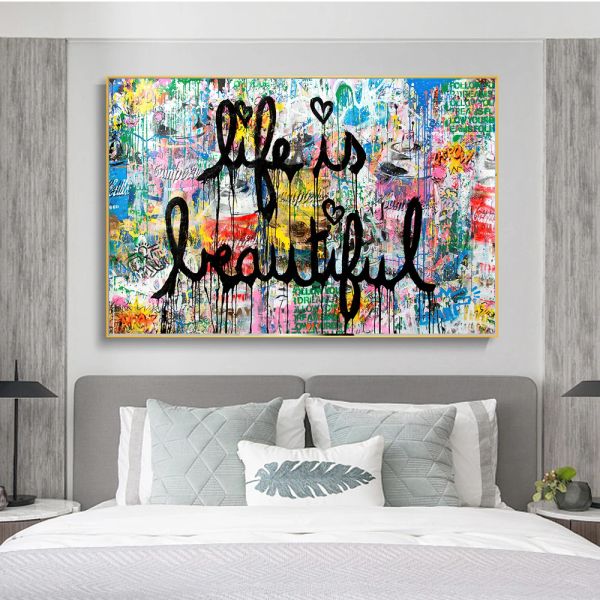 Caligrafia a vida é linda Banksy Graffiti Art Canvas Pinturas na parede Posters e impressões Abstract Street Pictures Home Decor