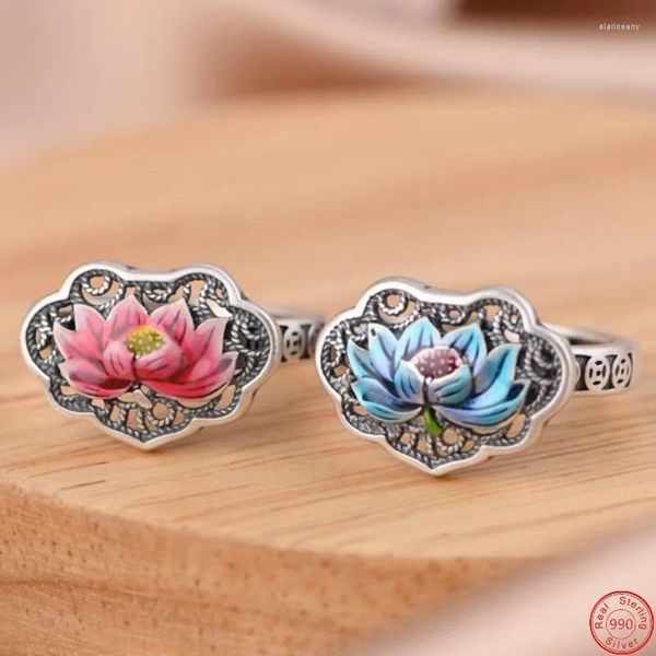 Cluster Anéis S999 Sterling Silver para Mulheres 2024 Moda Natal Oco Cloisonne Lotus Ajustável Argentum Mão Jóias