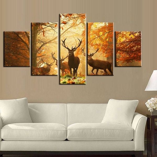 5 teile / satz Sonnenuntergang Golden Deer Wandkunst Ölgemälde Auf Leinwand Kein Rahmen Tier Impressionistische Gemälde Bild Wohnzimmer Decor207U