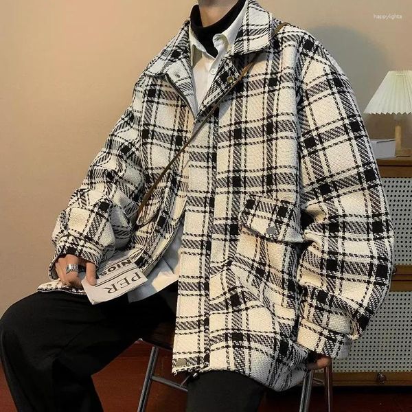 Jaquetas masculinas 2024 homens japoneses jaqueta casual algodão linho preto e branco xadrez cardigan casacos elegantes roupas primavera outono