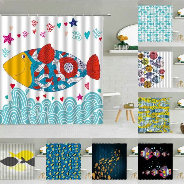 Vorhänge Cartoon farbige Fische Duschvorhang Wellen Ozean Tier Kind wasserdichter Stoff Badewannenabtrennung waschbar Badezimmer Dekor Vorhänge Set