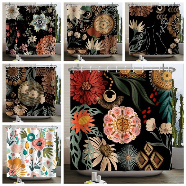 Cortinas boho flor cortina de chuveiro floral preto abstrato boêmio vintage moderno estético tecido à prova dwaterproof água cortina do banheiro com ganchos