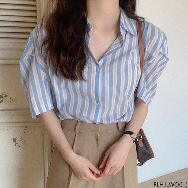 Женские блузки 2024, синие полосатые топы во французском стиле, милые офисные однобортные рубашки на пуговицах для девочек, шикарная корейская одежда
