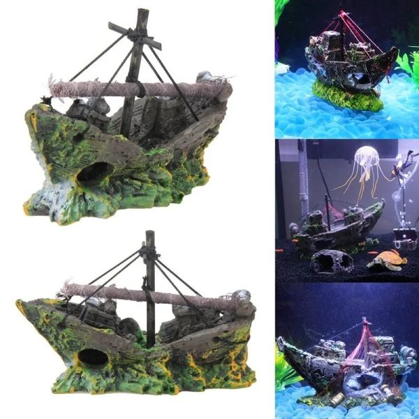 Decorazioni Acquario Decorazioni per acquario Paesaggio Nave pirata Relitto Nave Design in resina vintage Accessori per acquario per barche Decorazioni per la casa