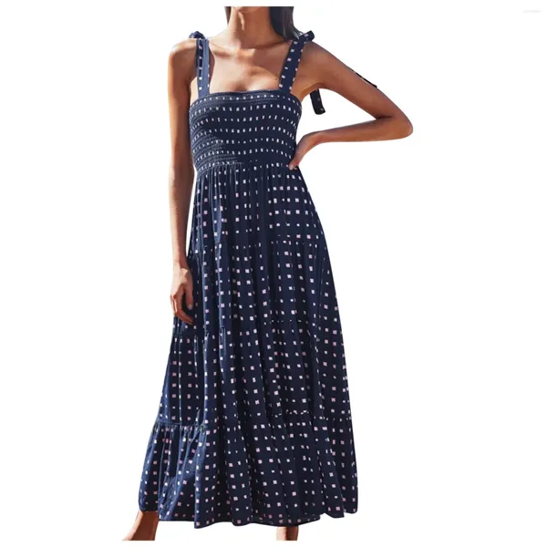 Abiti casual Stampa bohémien Vestito estivo a pieghe Cintura per spaghetti da donna Vita alta Vestibilità ampia e lunga Volant Una linea Maxi Dress Vestidos