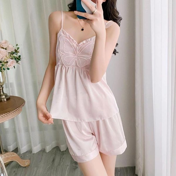 Mulheres sleepwear verão mulheres espaguete cinta pijama conjunto arco cetim nightwear lingerie íntima elegante seda homewear