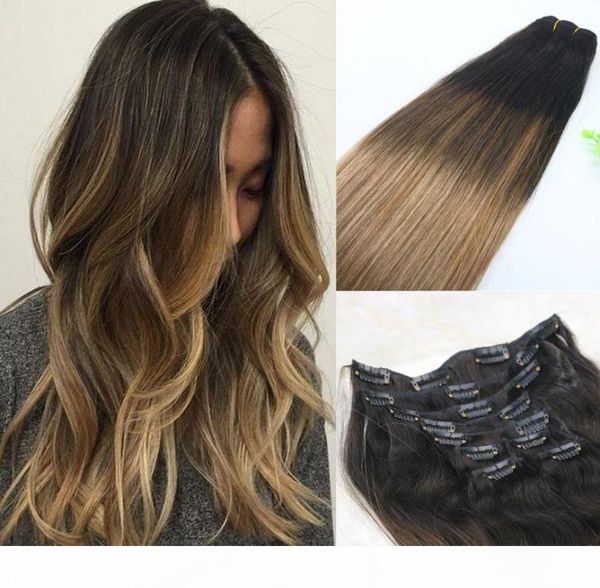 2 6 18 Clip-in-Haarverlängerungen Balayage Ombre Mittelbraun mit aschblonden Balayage-Highlights 120 Gramm 7 Stück2630249