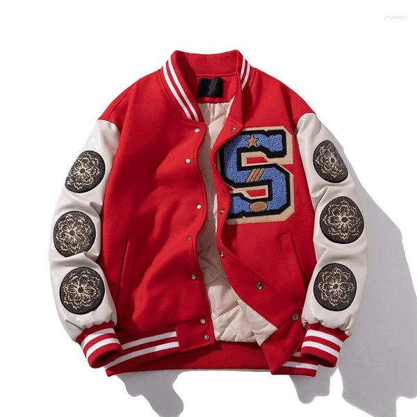 Herrenjacken Winter Varsity Jacke Lederärmel verdickt warm Baseball Paar Patchwork Tweed Stoff Mantel Braun Rot Hip Hop Knöpfe