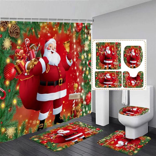 Vorhänge, rotes Weihnachts-Duschvorhang-Set, lustiges Weihnachtsmann-Geschenk, grüne Tannenzweige, Weihnachtskugeln, Zuhause, Badezimmer, Dekor, Badematte, Toilettenbezug