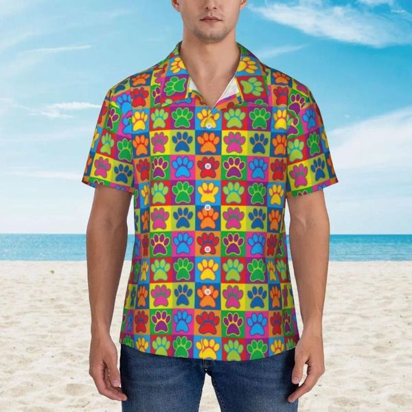 Camisas casuais masculinas colorido cão havaí camisa masculina praia arte patas manga curta padrão respirável vintage blusas oversize