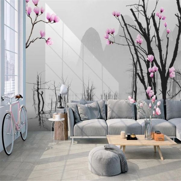 Papel de parede mural 3d moderno, simples, árvore morta, grande árvore, flores rosa, paisagem, sala de estar, quarto, papel de parede hd239y