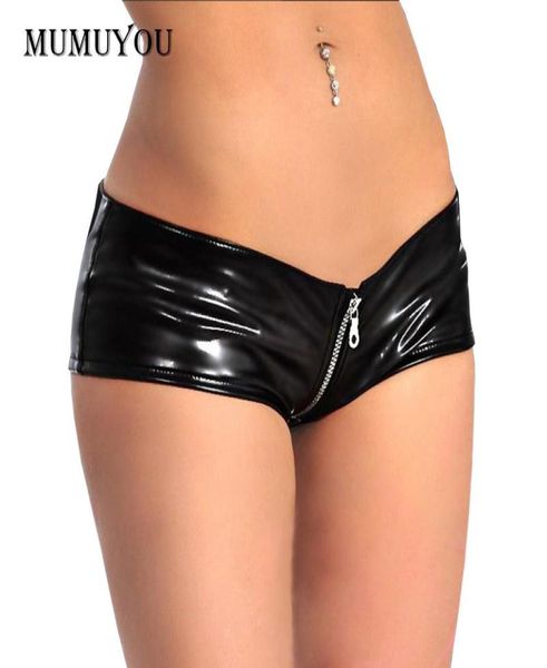 Damen Latex Schwarze Shorts Wet Look PVC Glänzende kurze Hose Tanga Durchgehender Reißverschluss Niedrige Taille Sexy Club Metallic 9066044941995