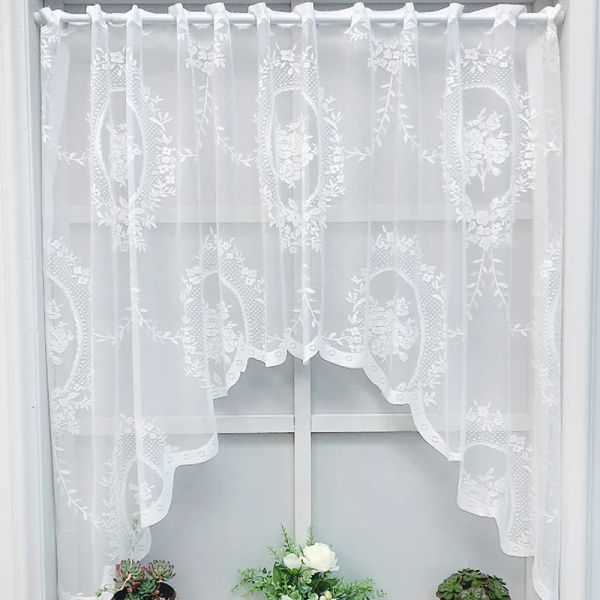 Cortinas 1 PCS Branco Sheer Lace Swag Valance Sheer Cortinas para Cozinha Porta Partição Oco Transparente Floral Voile Pátio Cortinas