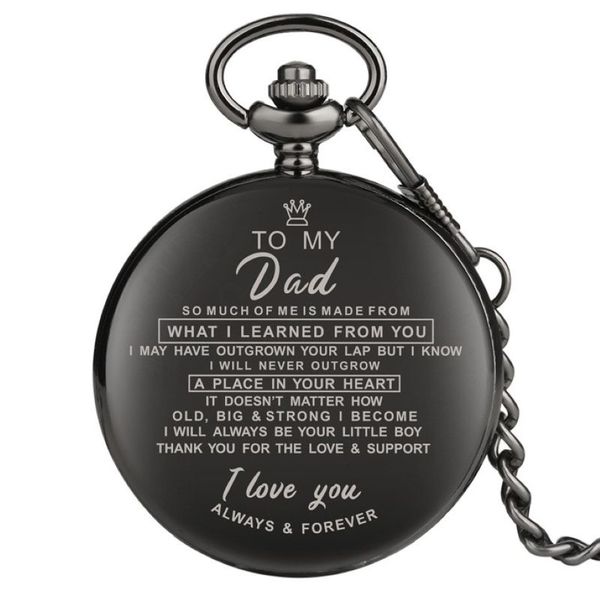 Mode klassische Uhren voll schwarz I LOVE YOU TO MY Mom Dad Wife Husaband Unisex Quarz Taschenuhr Anhänger Kette Familie Gift243L
