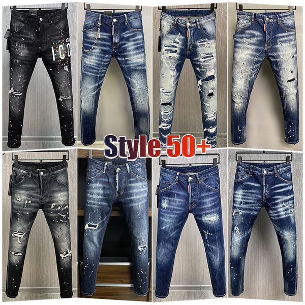 Mens Dsquare Jeans Dsq2 Preto Hip Hop Rock Moto Coolguy Jeans Design Rasgado Denim Angustiado Biker Dsq para Homens Designer D2 Calças Bordadas Top Jeans Luxo