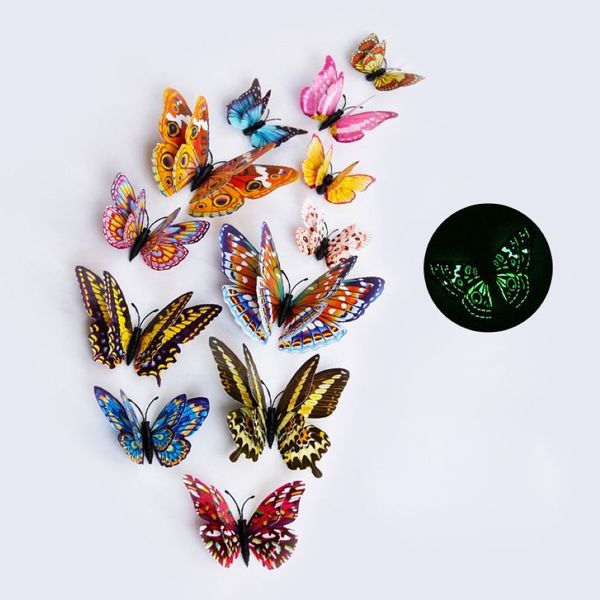 12 pçs / set multicolorido luminoso 3d borboleta adesivos de parede ímã pvc fluorescência borboletas festa crianças quarto decoração2675