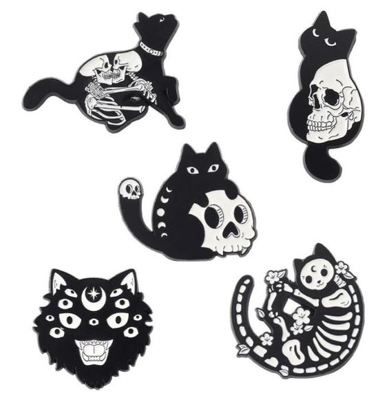 Gotische Katze Emaille Pin Totenkopf Skelett Hexe Katzen Abzeichen Brosche Anstecknadeln Denim Jeans Hemd Tasche Punk Schmuck Geschenk für Freunde1418941