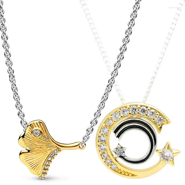 Pingentes real espumante estrela tiro brilho ginkgo folha collier corrente 925 colar de prata esterlina para moda grânulo charme jóias diy