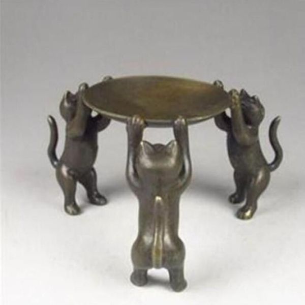 Piastra in bronzo cinese Gatti Animali 3 Lampada a olio per gatti Portacandele Candeliere statua252O