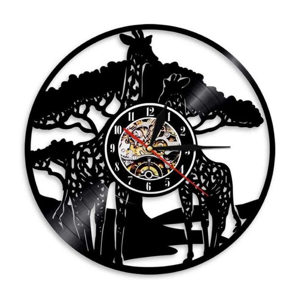 Girafa Registro de Vinil Relógio de Parede Moderno Criativo Zoológico Decorativo Tempo Relógios Relógio LED Silencioso Quartzo Animal Tema Presente Para Crianças X0722557