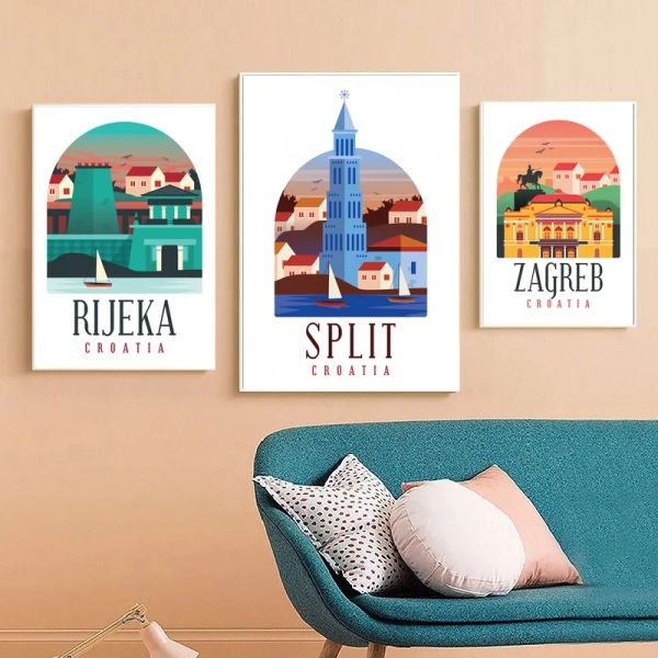 Kalligraphie Retro Vintage Rijeka Kroatien, Split, Zagreb Reise Landschaft Malerei Leinwand Poster