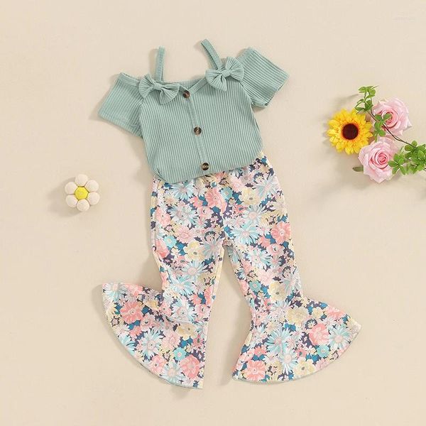 Kleidungssets Kleinkind Baby Kleine Mädchen 2 Stück Sommerkleidung Kurzarm Schulterfrei Schleifen T-shirt Blumen Bell-Bottom-Hosen Set