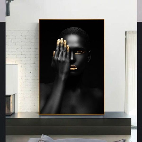 Сексуальные африканские черно-золотые женские фотографии, печать на холсте, декоративная живопись, настенное искусство для гостиной, постеры без рамки235l