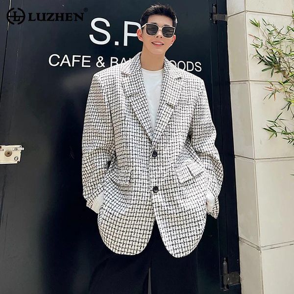 Мужские костюмы LUZHEN, модный клетчатый элегантный дизайн с подплечниками, пиджак, мужское пальто 2024, модный пиджак в Корейском стиле, обзоры, много одежды LZ1570