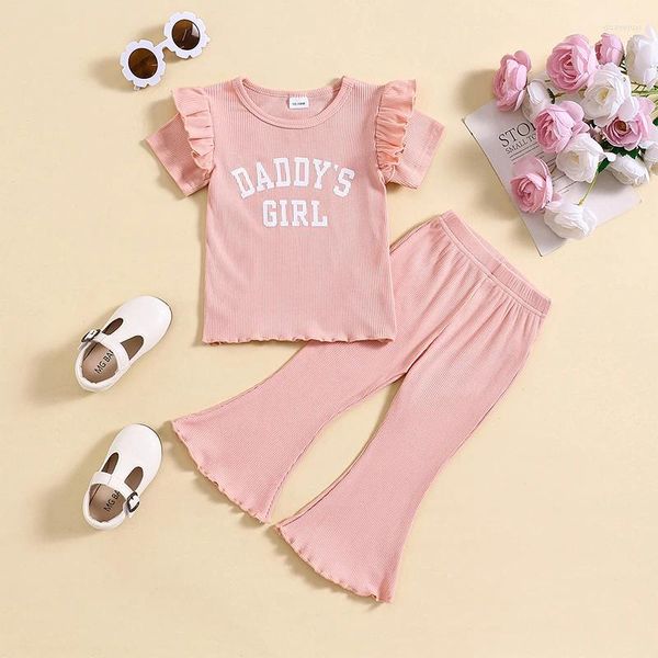 Roupas de roupas para criança roupas de menina de menina brifa de manga curta T-shirt calças de falha de sino de sino com corda de tie leggings de 0-5 anos