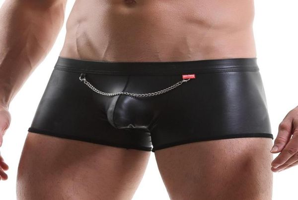 Cuecas sexy moda homem preto falso couro corrente boxers shorts bulge pênis bolsa roupa interior gay masculino engraçado deslizamento panties6417881