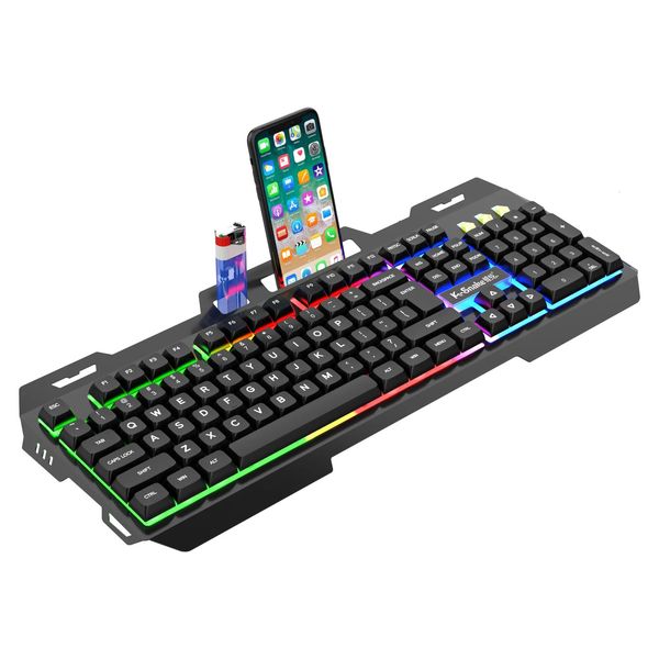 Arkadan aydınlatmalı RGB LED metal taban telefon tutucusu ile kablolu oyun klavyesi 12 Bilgisayar PC Masaüstü Gamer 240309 için Multimedya İşlevi