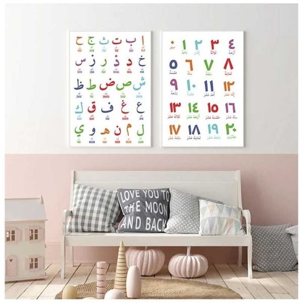 Arabische islamische Wandkunst, Leinwandmalerei, Buchstaben, Alphabete, Ziffern, Poster, Drucke, Kinderzimmer, Kinderzimmer, Dekoration 211222182n